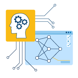 Symbole für künstliches neuronales Netz und menschliches Gehirn