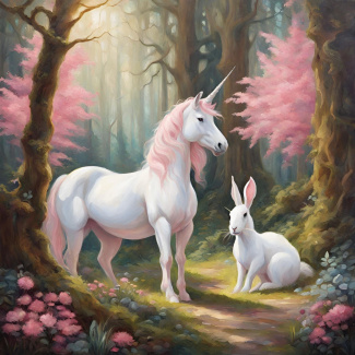 Ein Einhorn und ein Kaninchen in pinkfarbener Waldkulisse