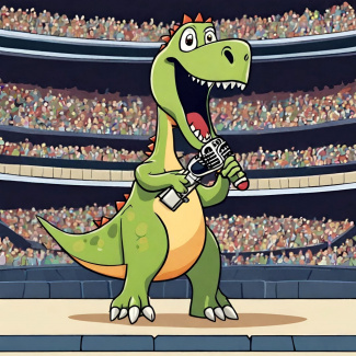 Ein singender Dinosaurier im Comic-Stil auf einer Stadionbühne