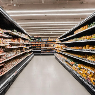 Bild von einem Supermarkt mit  langen Regalreihen